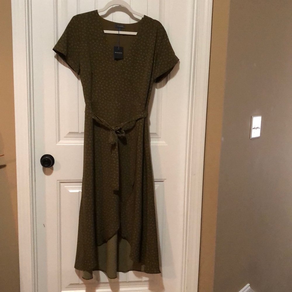 Madison faux wrap v-neck high low dress; short sleeves with cuffs; tie waist;